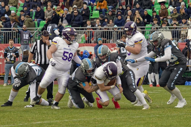 American-Football-Spieler in weißen und schwarzen Trikots kämpfen um den Ball auf dem Spielfeld vor Zuschauern auf den Tribünen